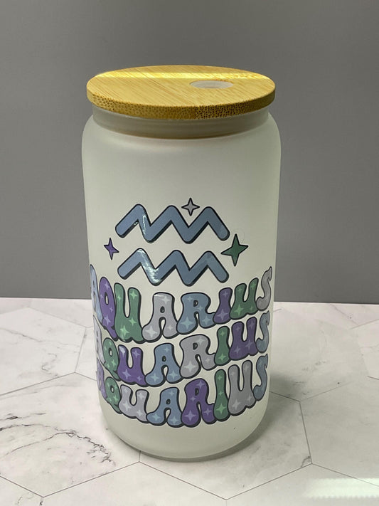 Aquarius Zodiac Frosted Glass: 16 oz Water Tumbler with Bamboo Lid
