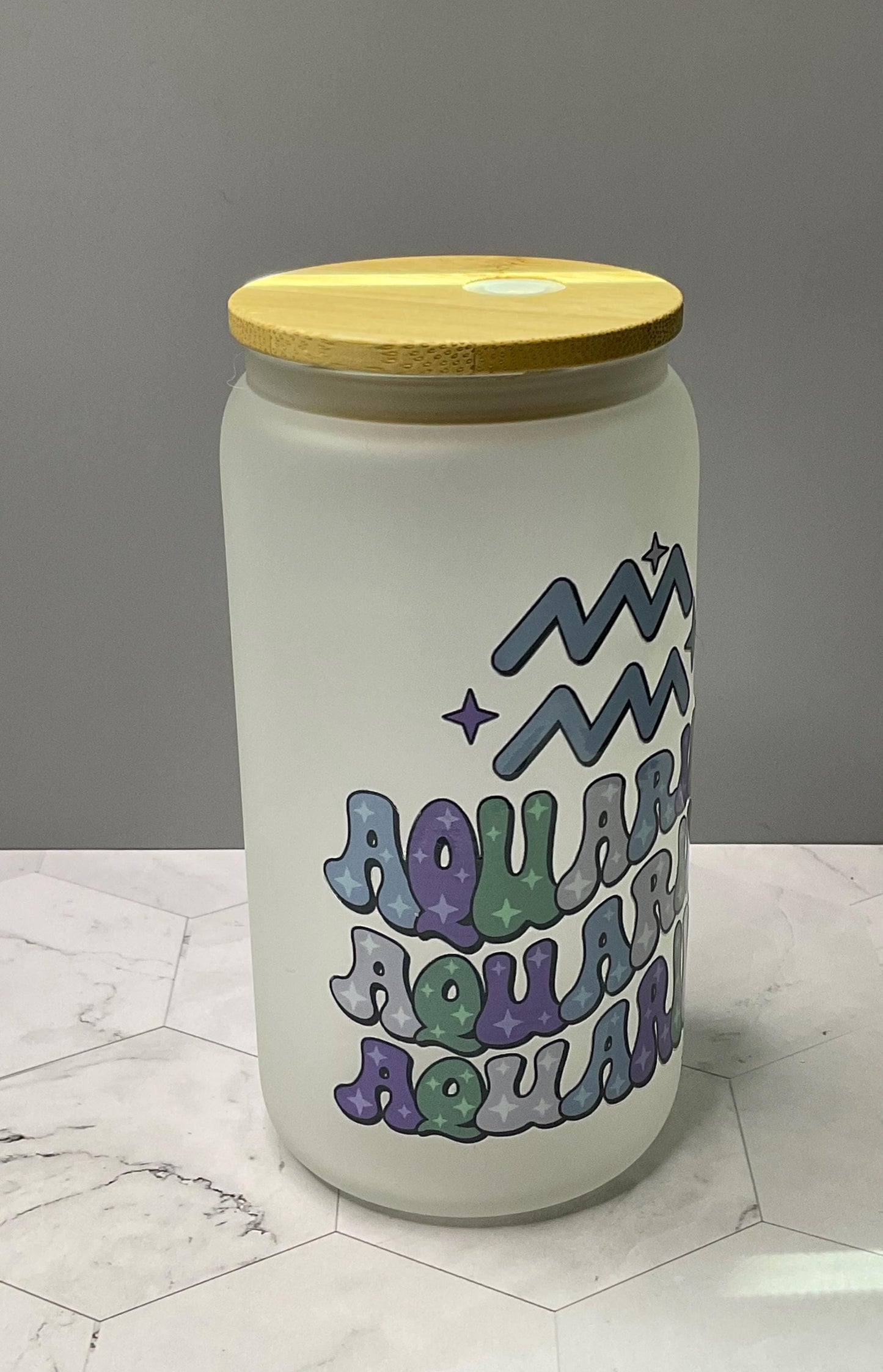 Aquarius Zodiac Frosted Glass: 16 oz Water Tumbler with Bamboo Lid
