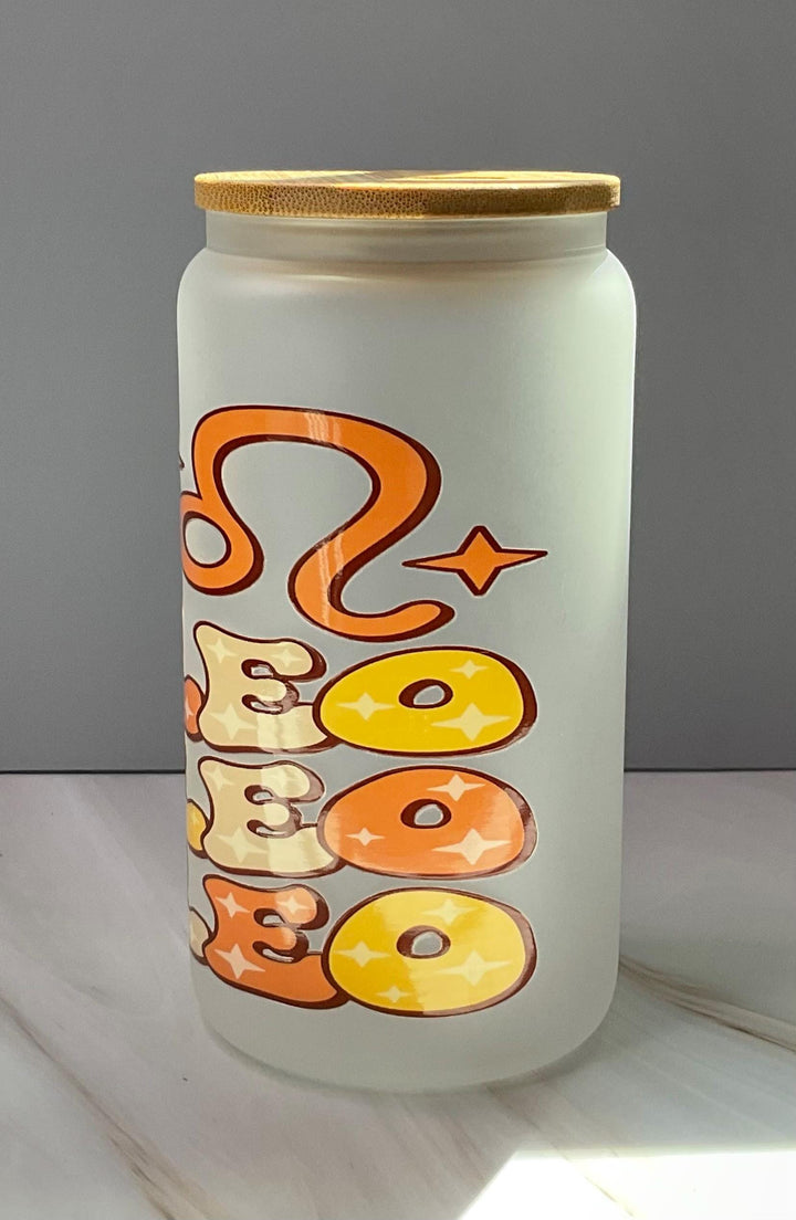 Leo Zodiac Frosted Glass Tumbler: Bamboo Lid &amp; Straw (16 oz)