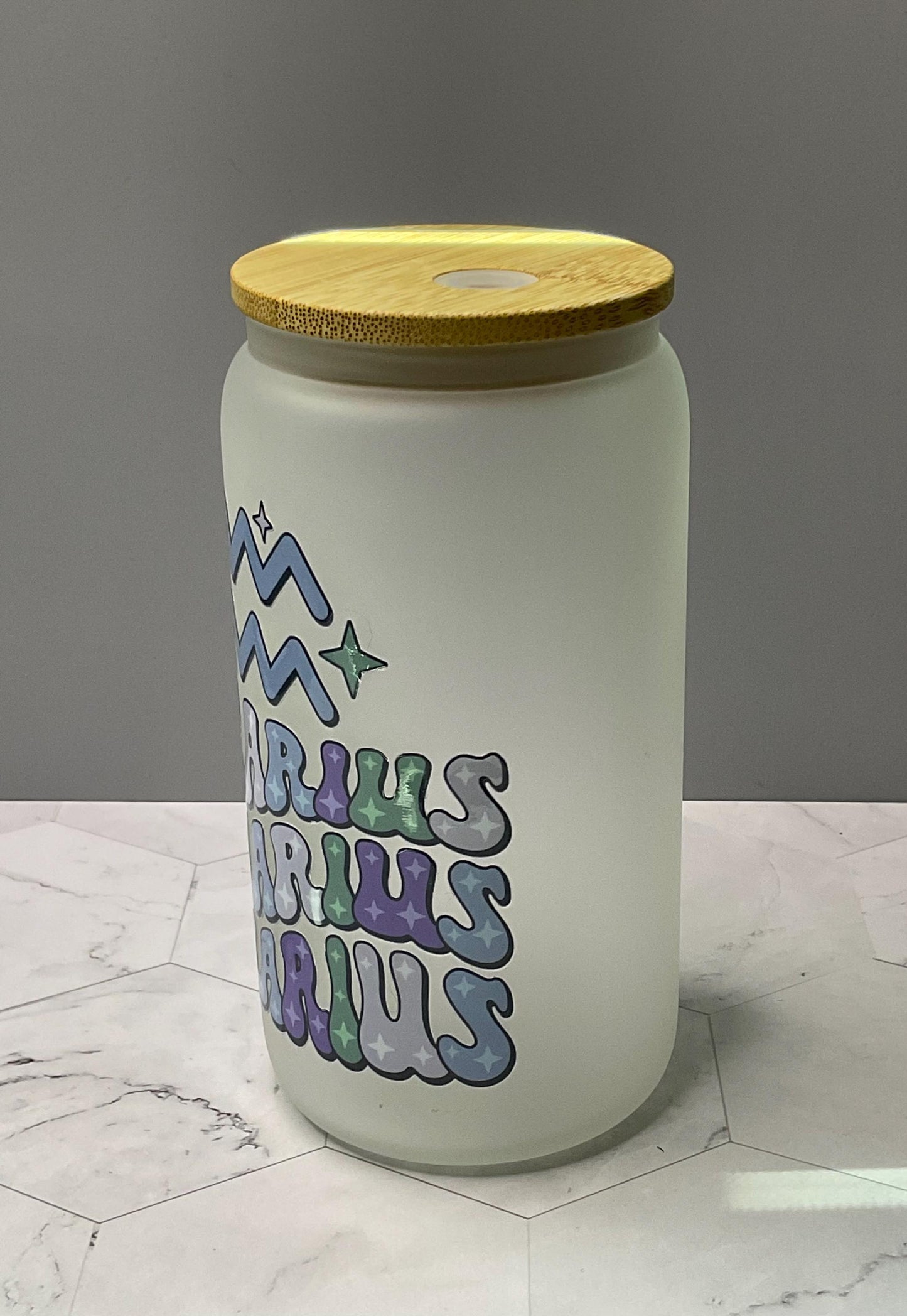 Aquarius Zodiac Frosted Glass: 16 oz Water Tumbler with Bamboo Lid