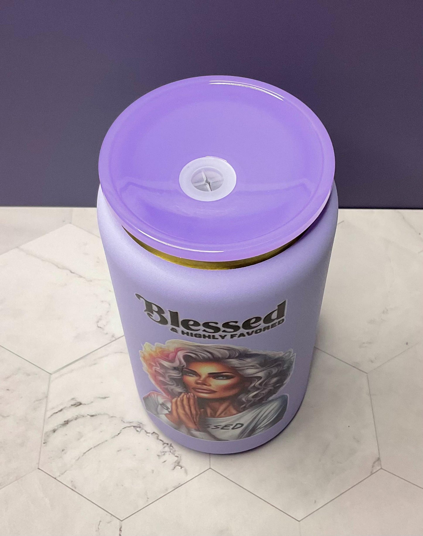 Purple Blessed Stainless Steel Tumbler: 16 oz Insulated Iced Coffee Cup