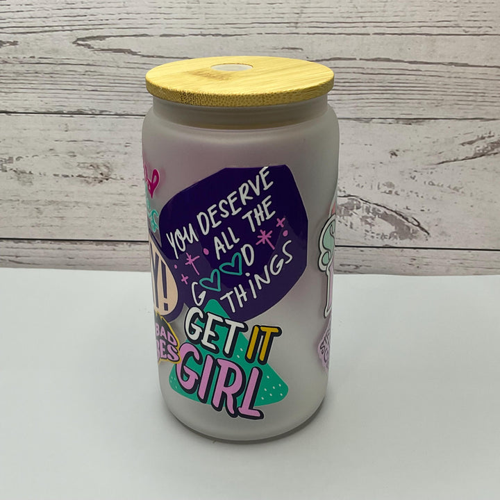 Self Love Glass Tumbler: 16 oz Motivational Glass Cup with Lid &amp; Straw