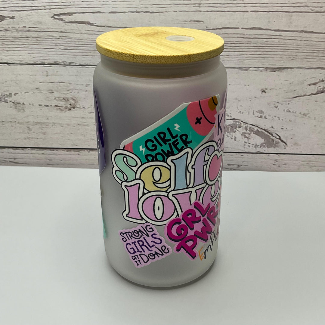 Self Love Glass Tumbler: 16 oz Motivational Glass Cup with Lid &amp; Straw