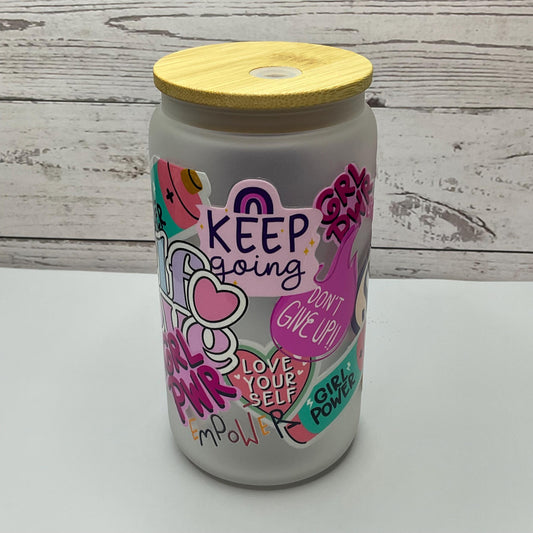 Self Love Glass Tumbler: 16 oz Motivational Glass Cup with Lid & Straw