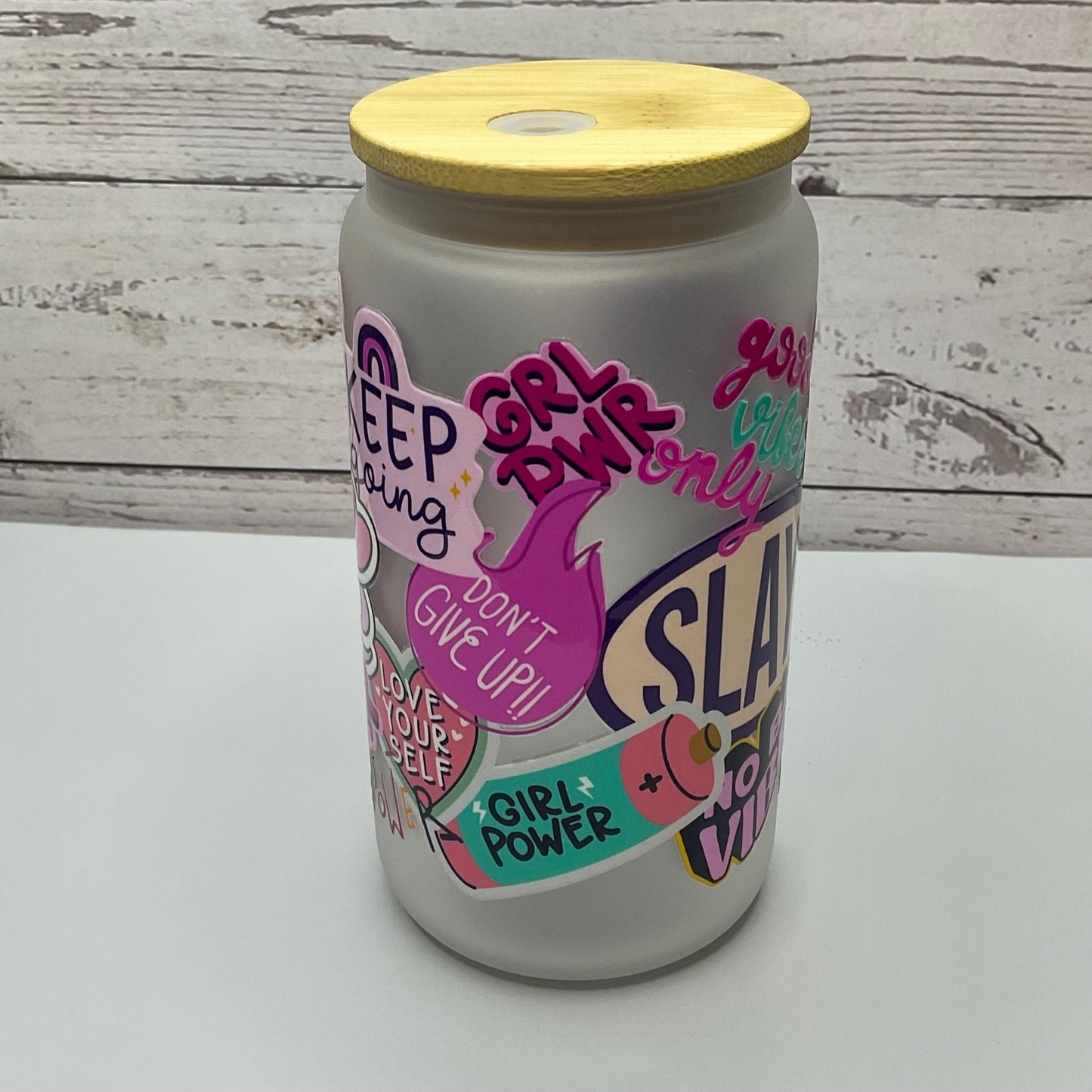 Self Love Glass Tumbler: 16 oz Motivational Glass Cup with Lid & Straw