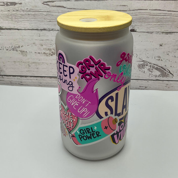 Self Love Glass Tumbler: 16 oz Motivational Glass Cup with Lid &amp; Straw