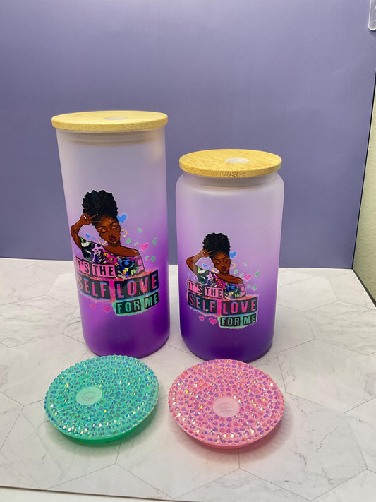 Self Love Glass Tumbler: Motivational 16-20 oz Glass Cup with Lid & Straw