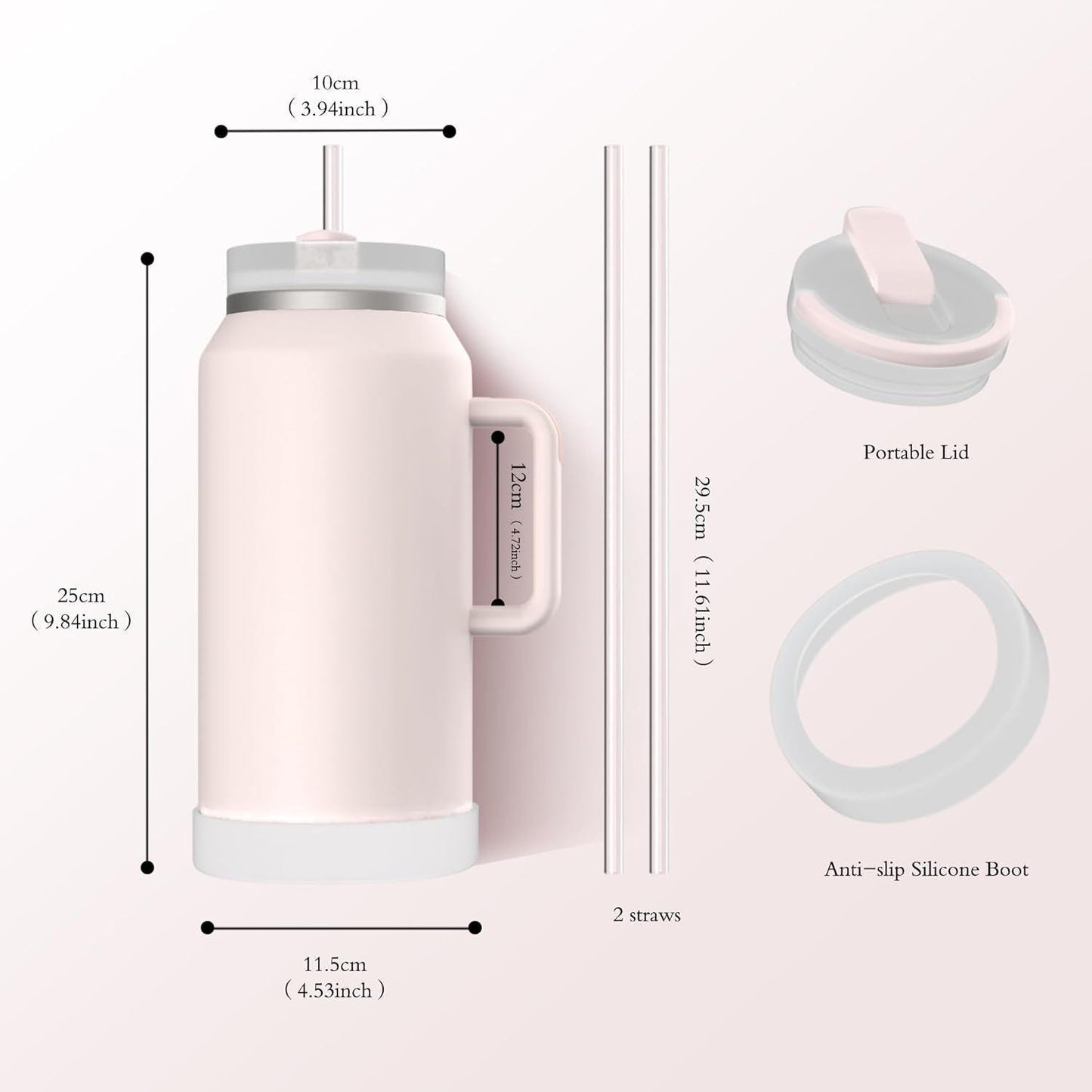 64oz Insulated Stainless Steel Jug: Rose Gold, 2 Lids & Straw