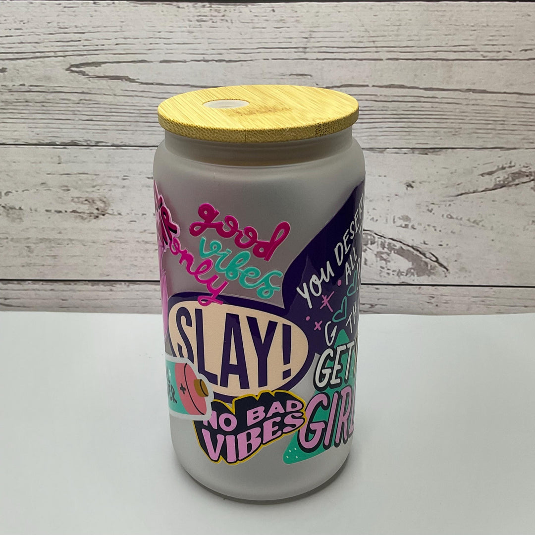 Self Love Glass Tumbler: 16 oz Motivational Glass Cup with Lid &amp; Straw