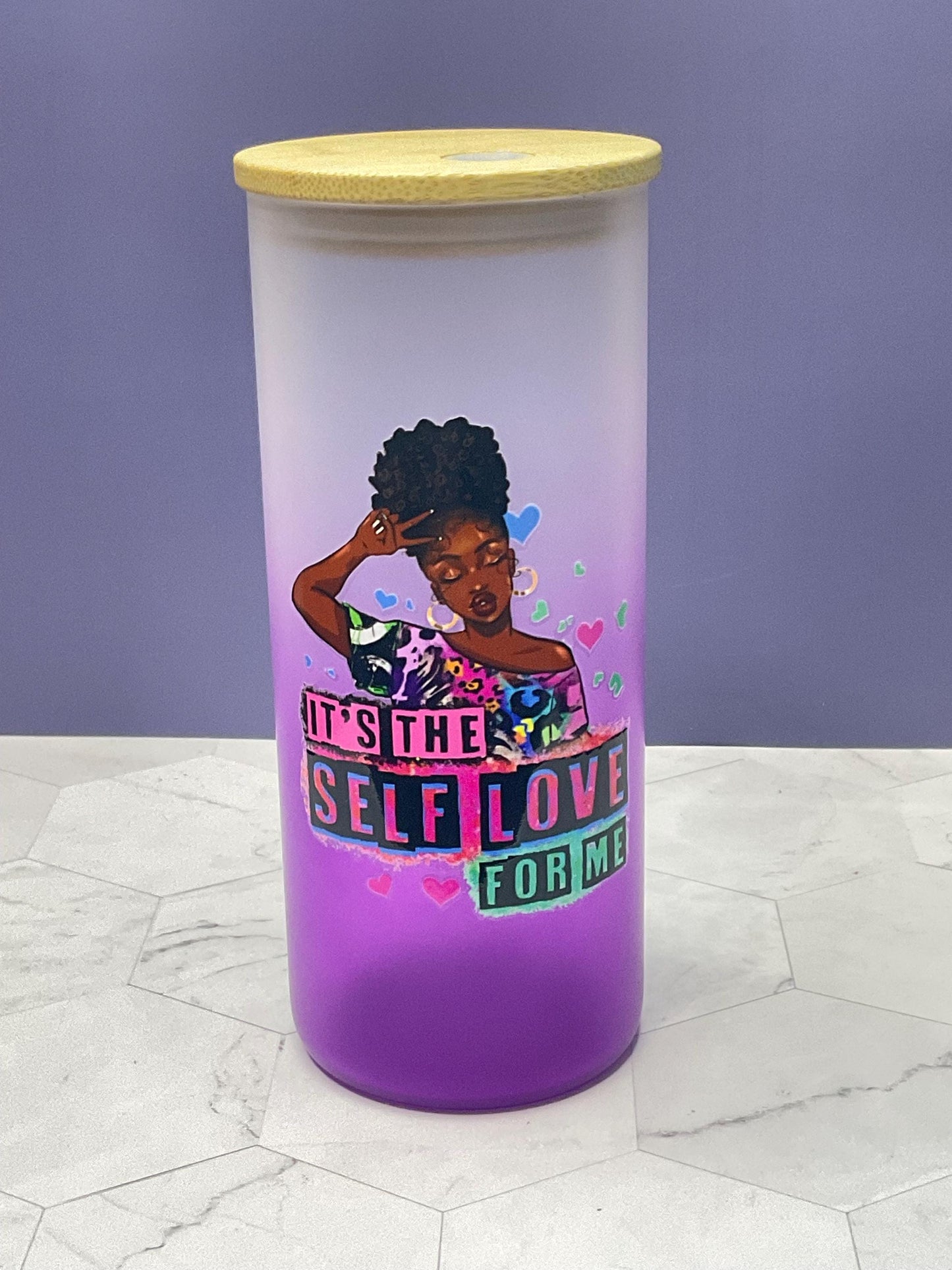 Self Love Glass Tumbler: Motivational 16-20 oz Glass Cup with Lid & Straw