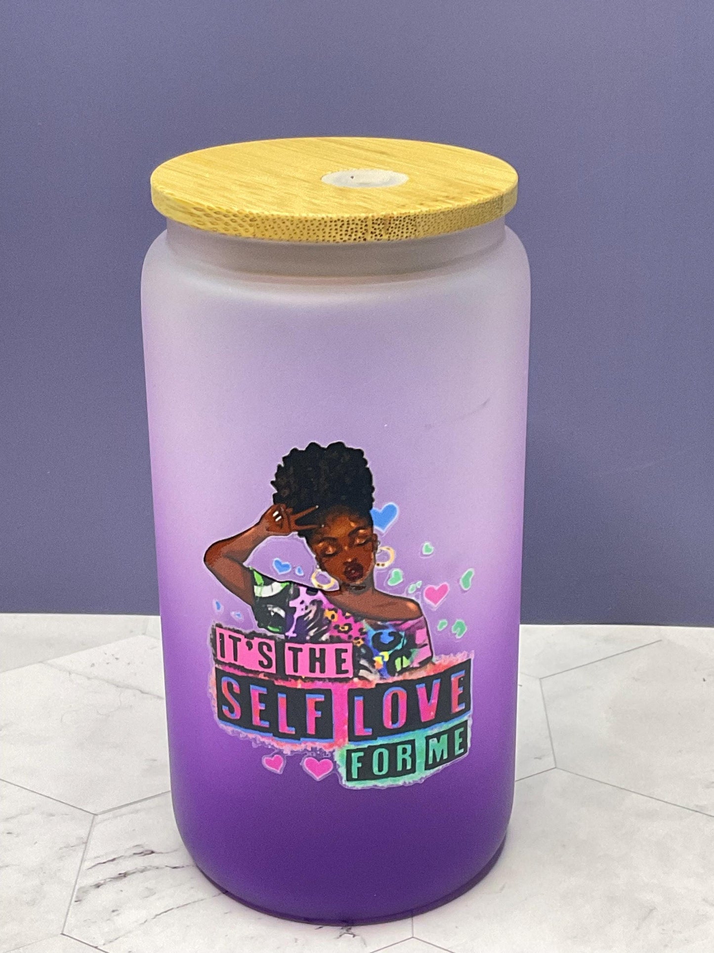 Self Love Glass Tumbler: Motivational 16-20 oz Glass Cup with Lid & Straw