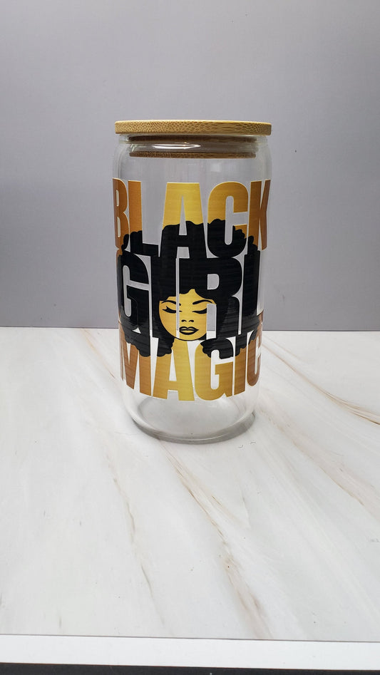 Black Girl Magic Glass Iced Coffee Cup with Lid & Straw