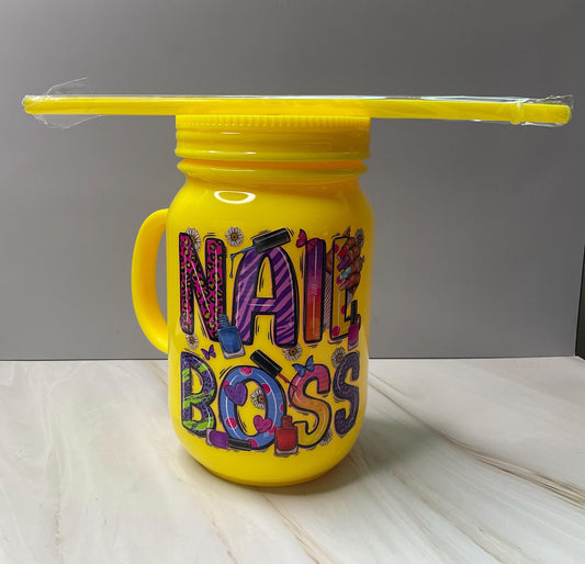 Nail Boss Mason Jar: 20 oz Plastic Tumbler with Straw
