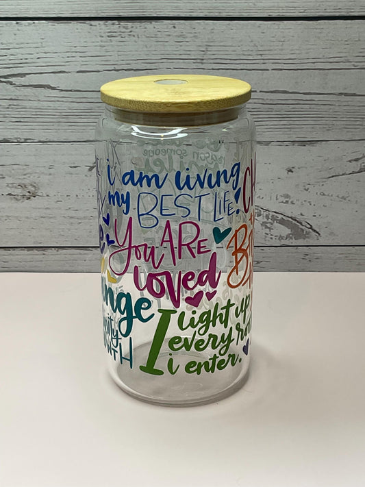 Affirmations Glass Can: Iced Coffee Cup with Lid & Straw