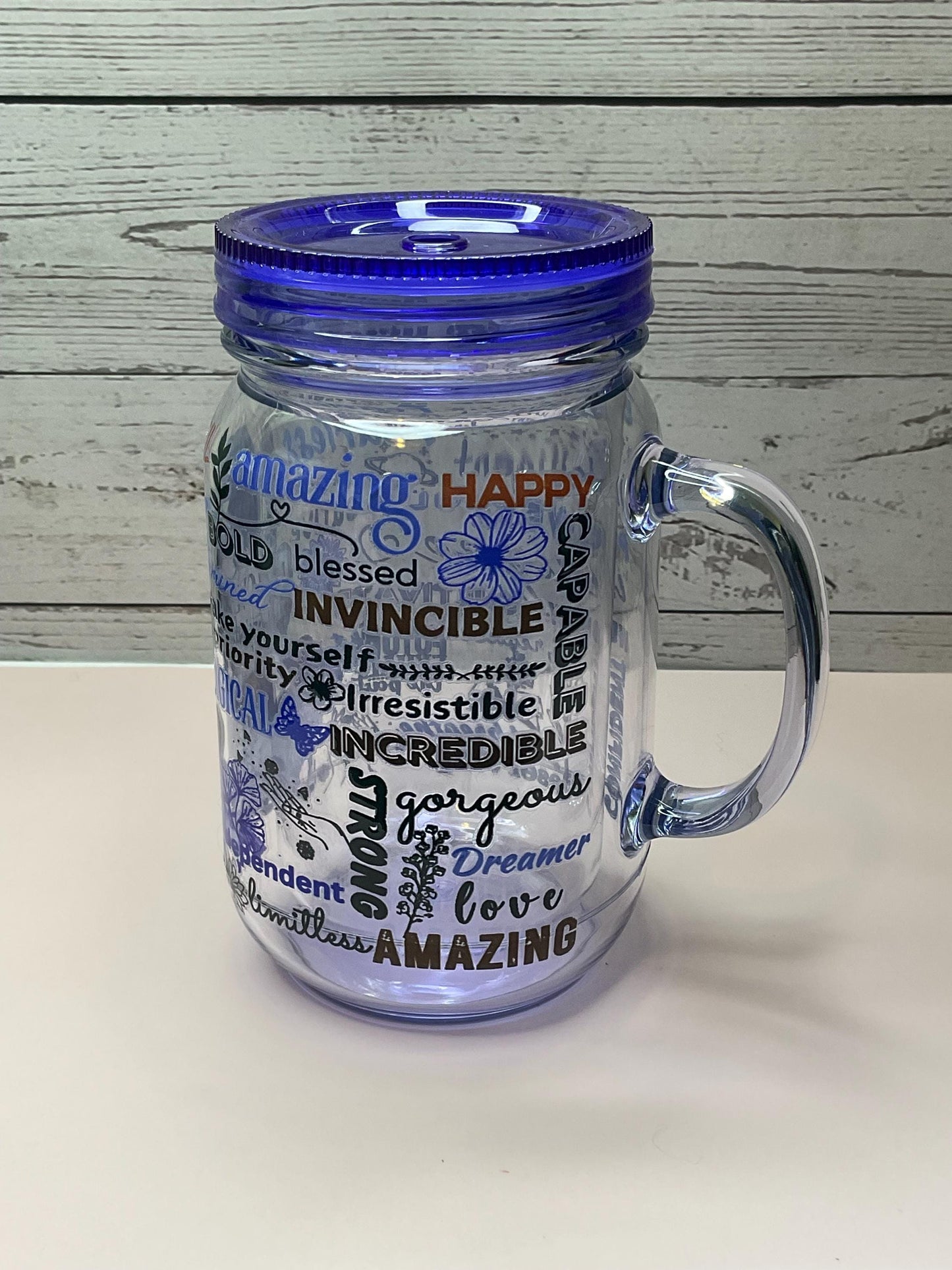 Love Yourself Affirmation Mason Jar: 20oz Reusable Plastic Cup with Lid & Straw