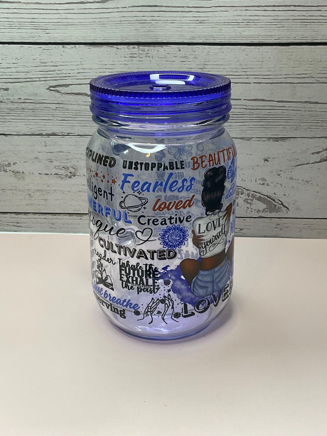 Love Yourself Affirmation Mason Jar: 20oz Reusable Plastic Cup with Lid &amp; Straw