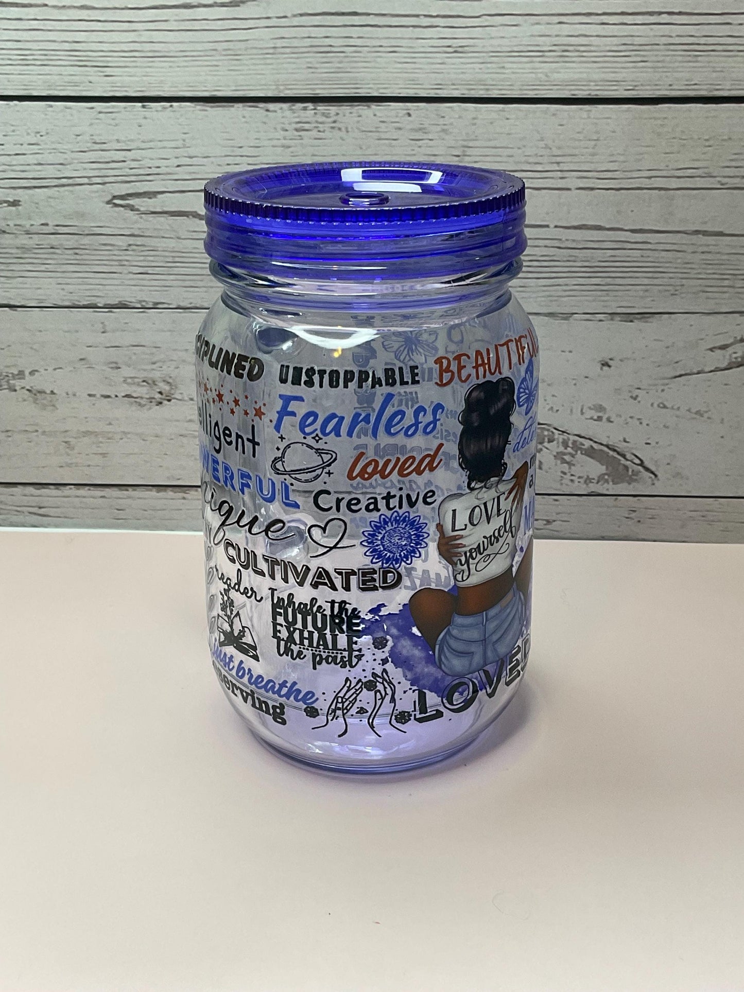 Love Yourself Affirmation Mason Jar: 20oz Reusable Plastic Cup with Lid & Straw
