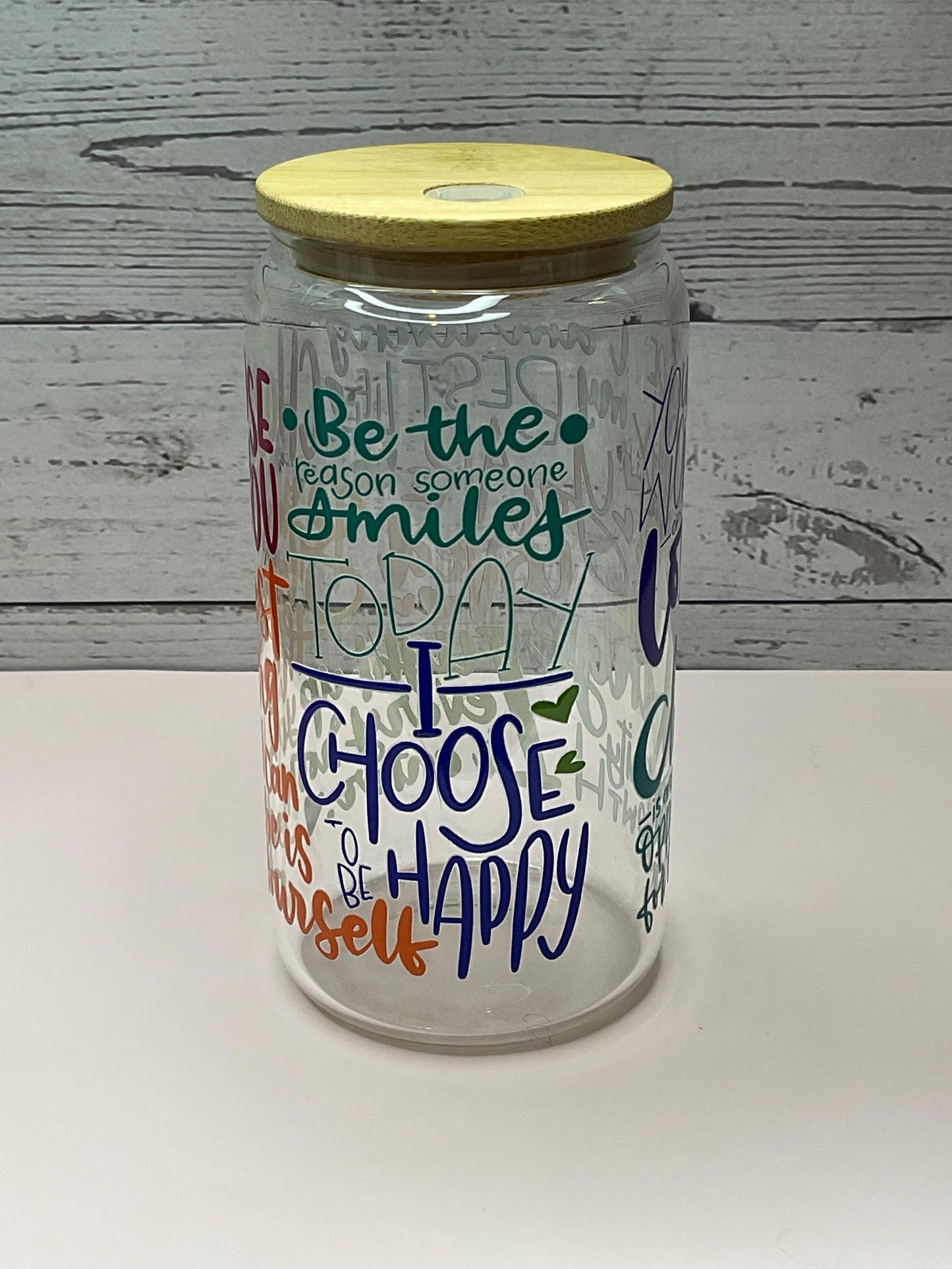 Affirmations Glass Can: Iced Coffee Cup with Lid & Straw