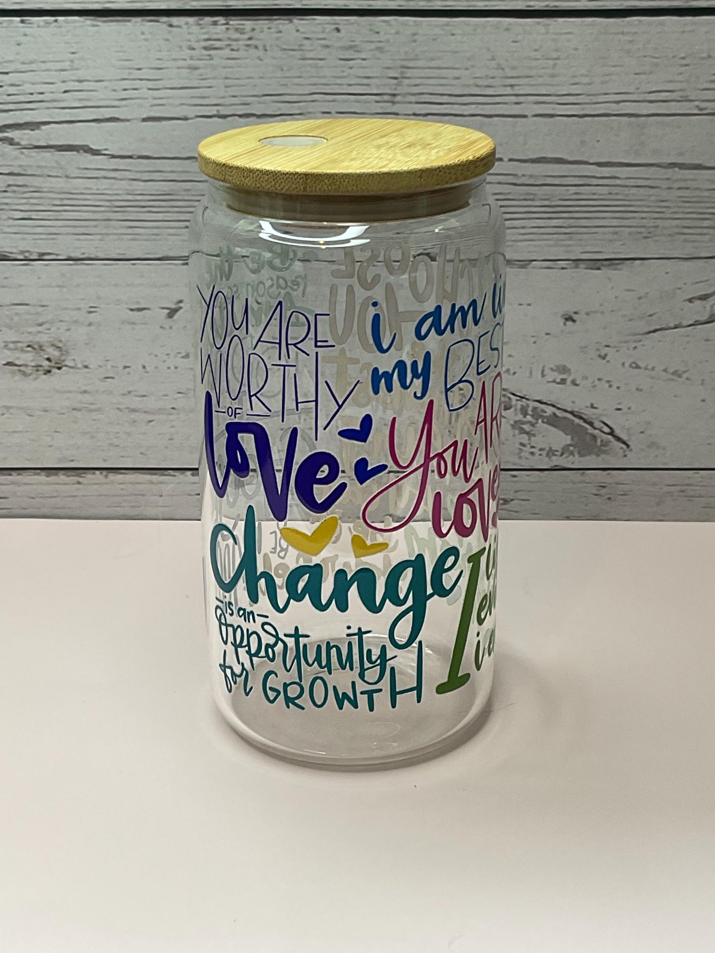 Affirmations Glass Can: Iced Coffee Cup with Lid & Straw