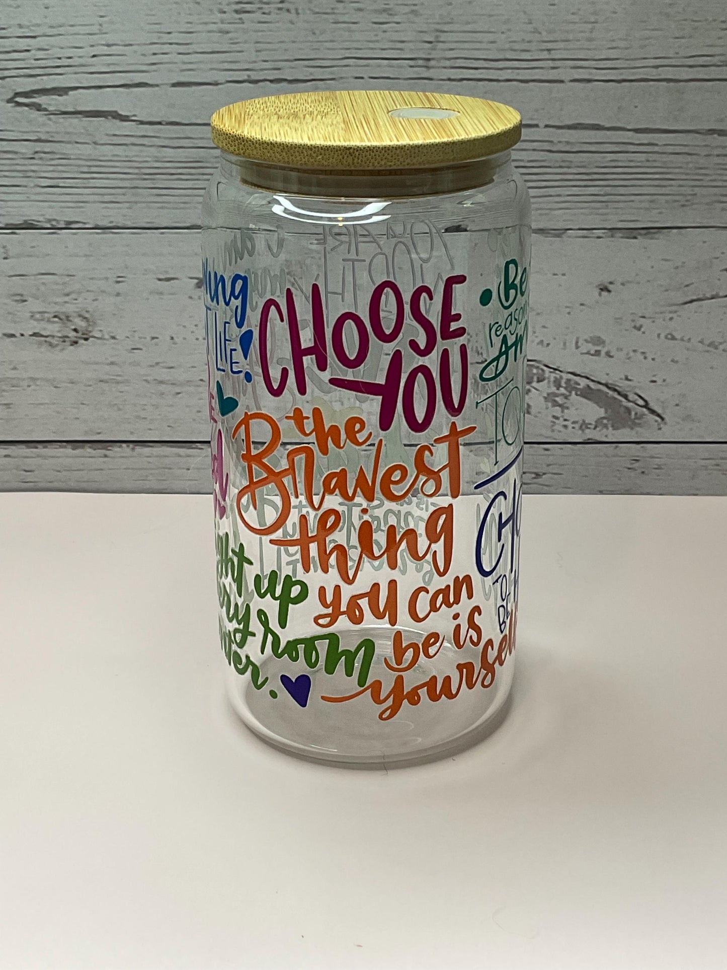 Affirmations Glass Can: Iced Coffee Cup with Lid & Straw