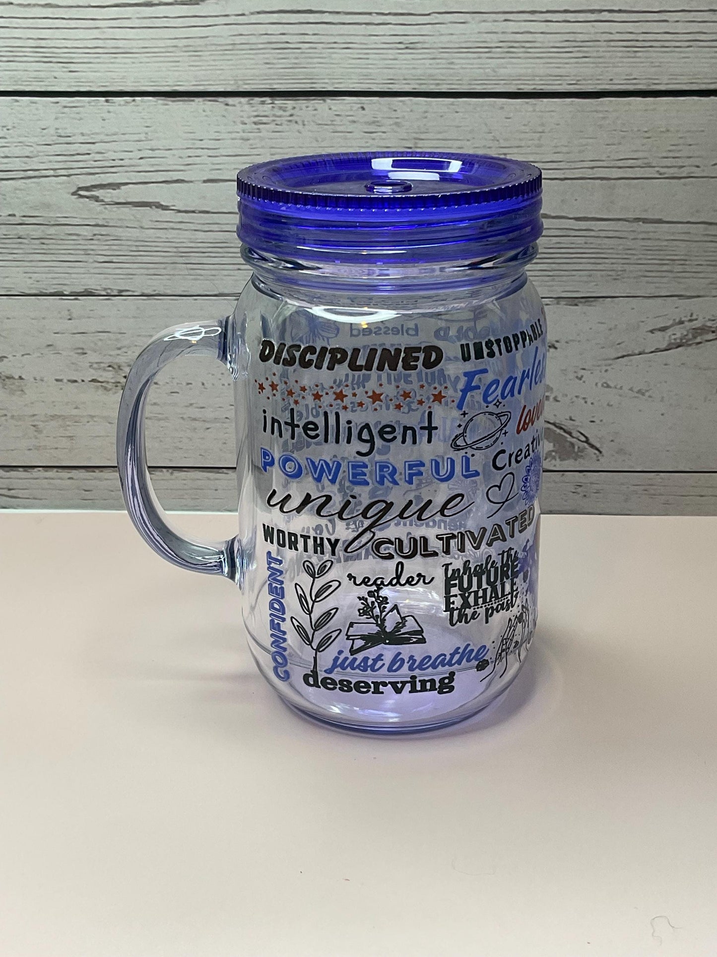 Love Yourself Affirmation Mason Jar: 20oz Reusable Plastic Cup with Lid & Straw