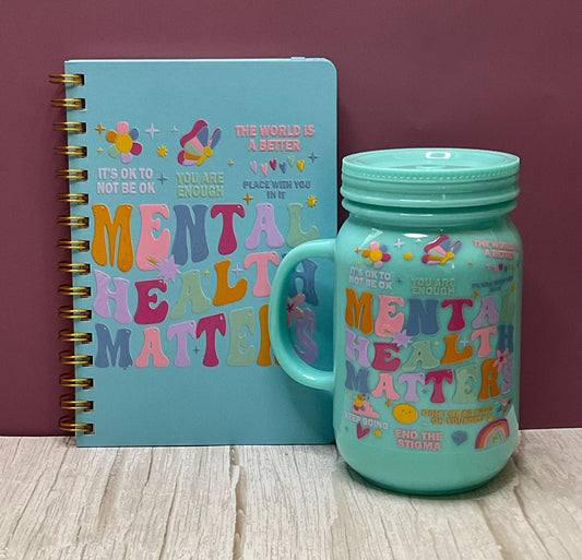 Mental Health Matters 20 oz Mug + Matching Lid, Perfect Gift for Mom, Best Friend, Daughter, Matching Journal