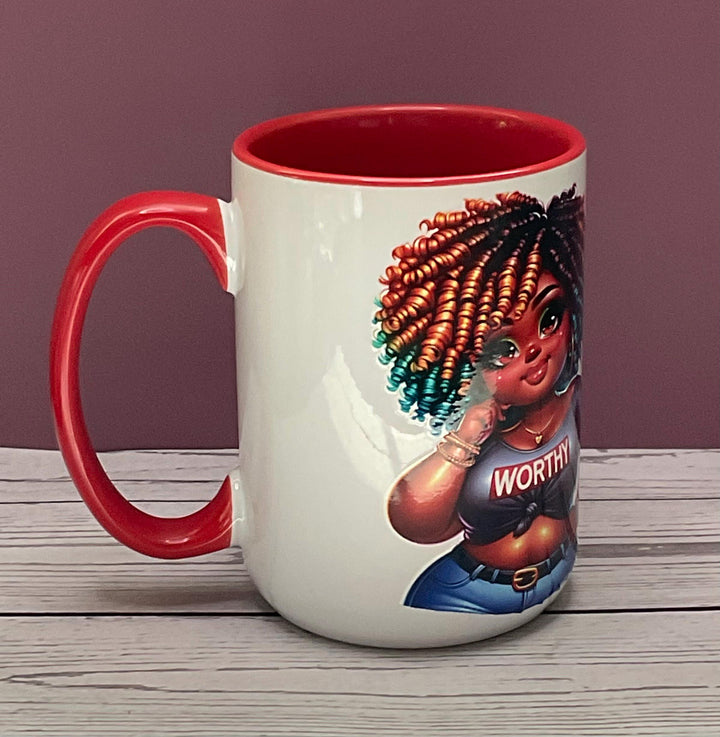 Worthy Mug  Afrocentric Coffee Cup, Self Love Gift, Body Positive Empowerment Mug for Women