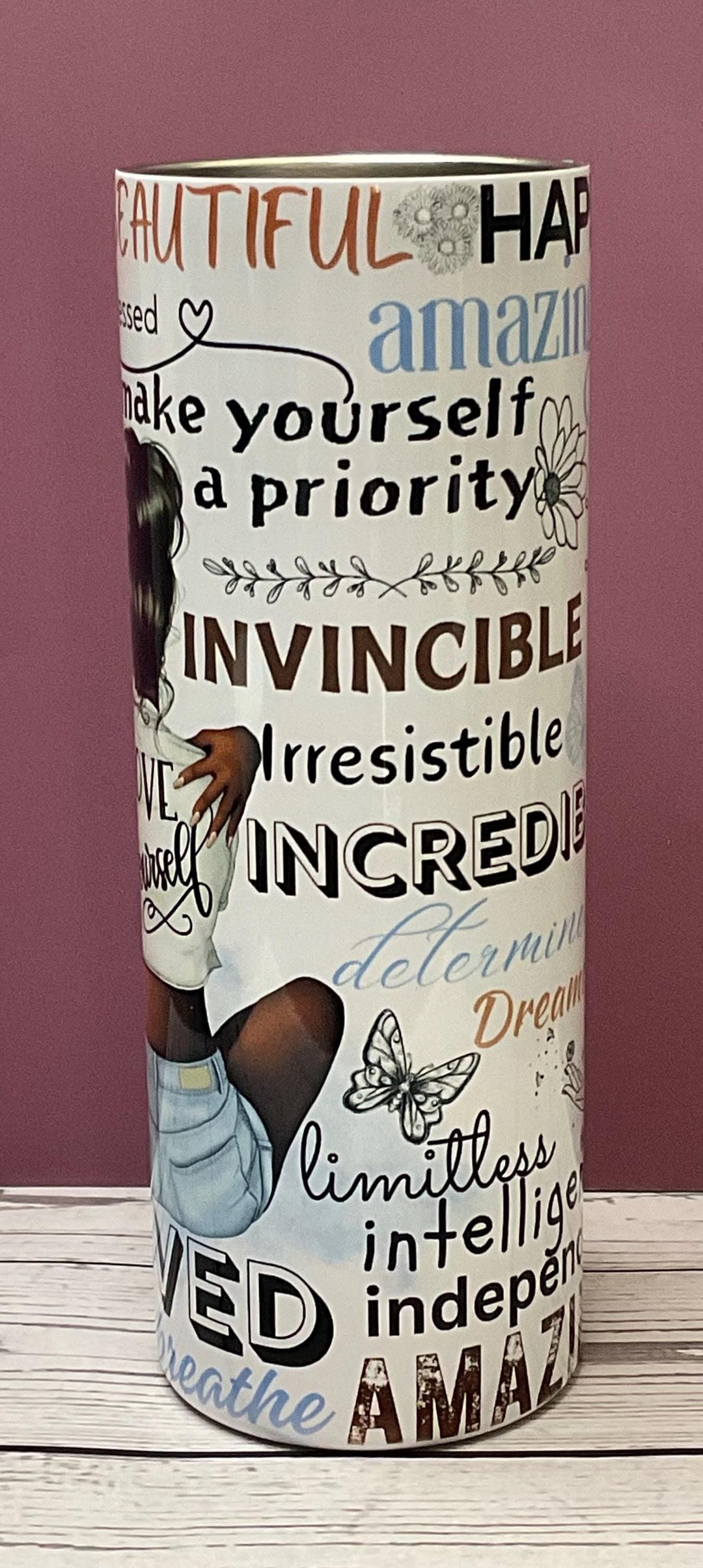 Love Yourself Affirmation 20 oz Tumbler: Insulated Stainless Steel, Melanin Gift