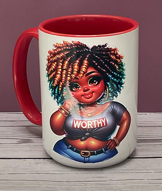 Worthy Mug  Afrocentric Coffee Cup, Self Love Gift, Body Positive Empowerment Mug for Women
