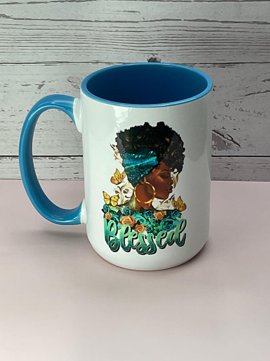 Afrocentric Coffee Mug: Empowering Black Woman Art, Blue Accent