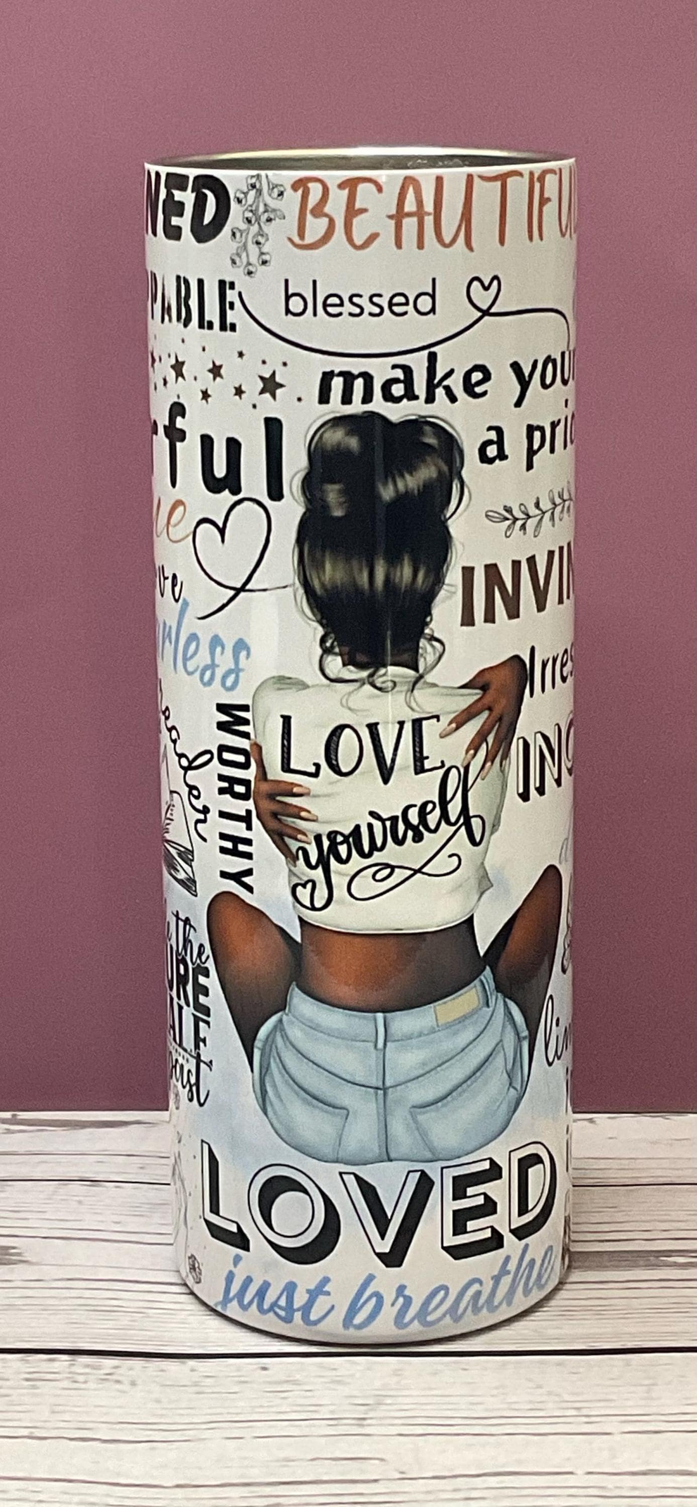Love Yourself Affirmation 20 oz Tumbler: Insulated Stainless Steel, Melanin Gift