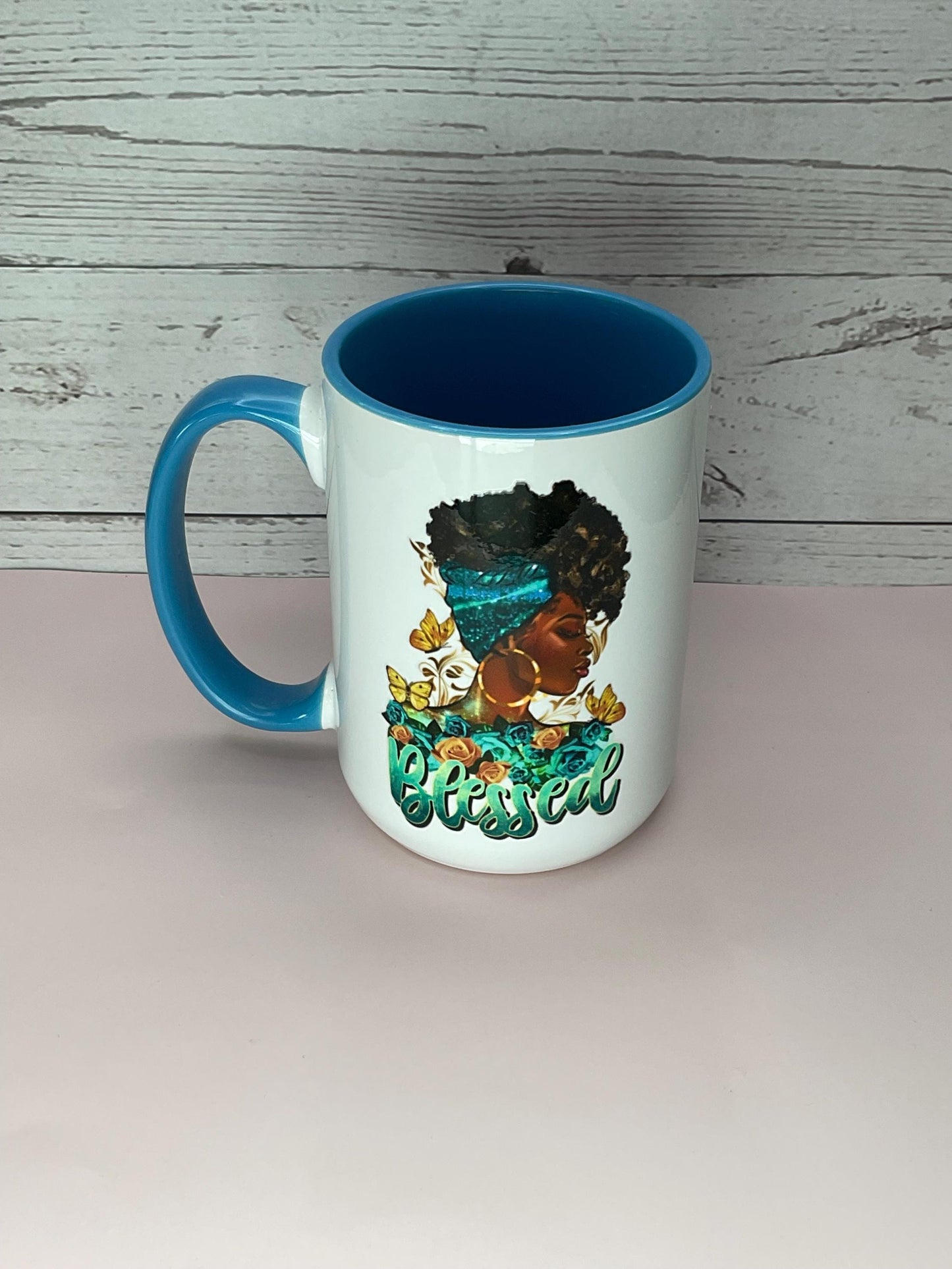 Afrocentric Coffee Mug: Empowering Black Woman Art, Blue Accent