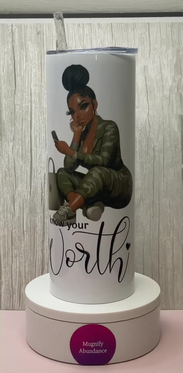 “Know Your Worth” 20oz Tumbler – Black Girl Boss Energy | Self-Love &amp; Empowerment Cup
